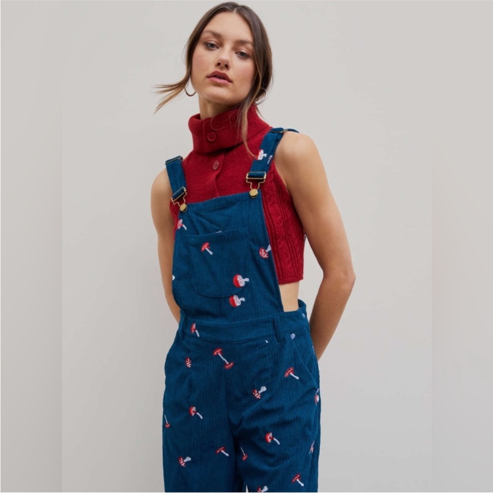 Cider Navy Blue Mushroom Embroidered Corduroy Overalls Jumpsuit - Picture 3 of 13